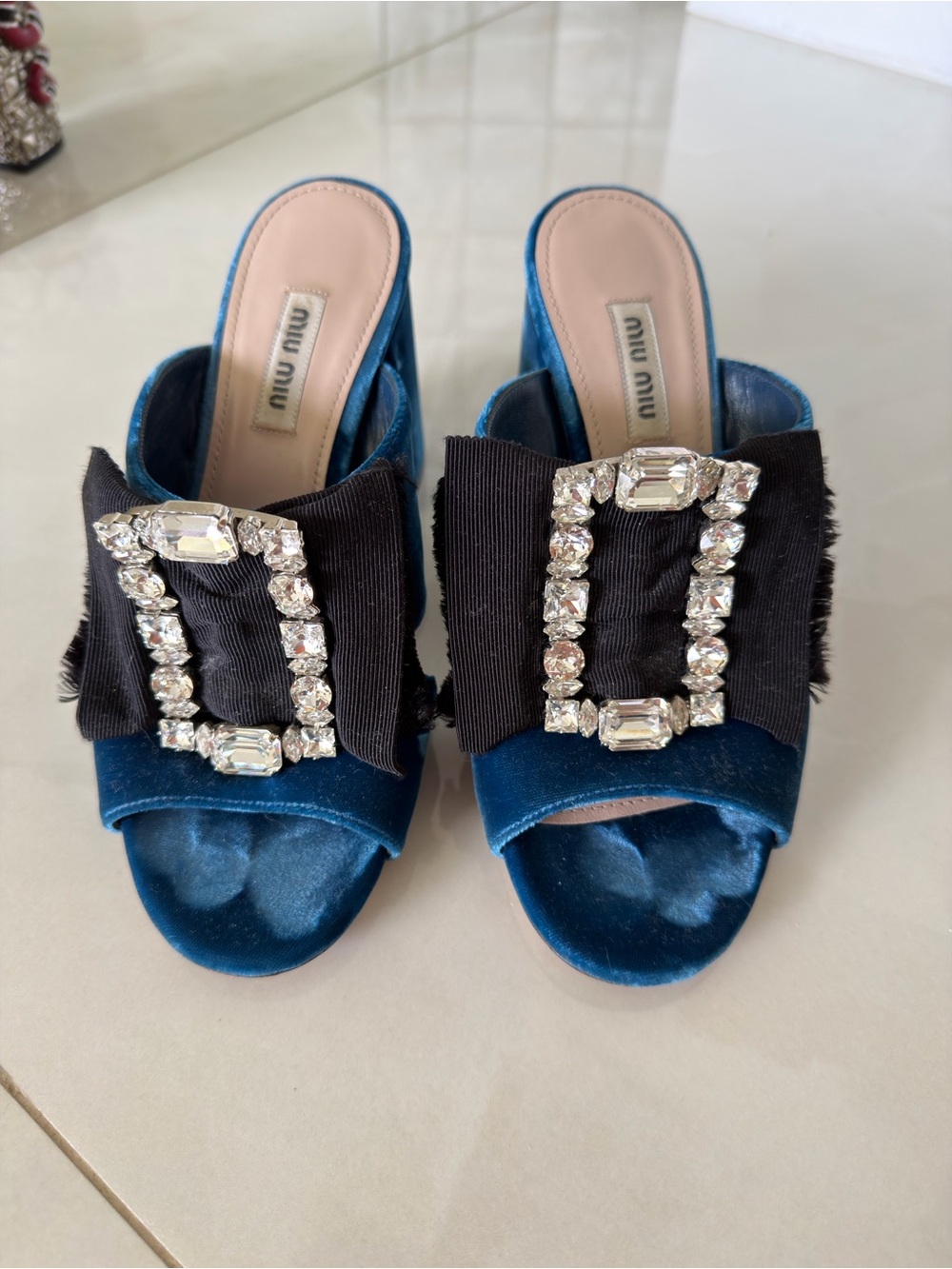 Miu Miu Teal Velvet Crystal-Buckle Bow Mules - Picture 2 of 5